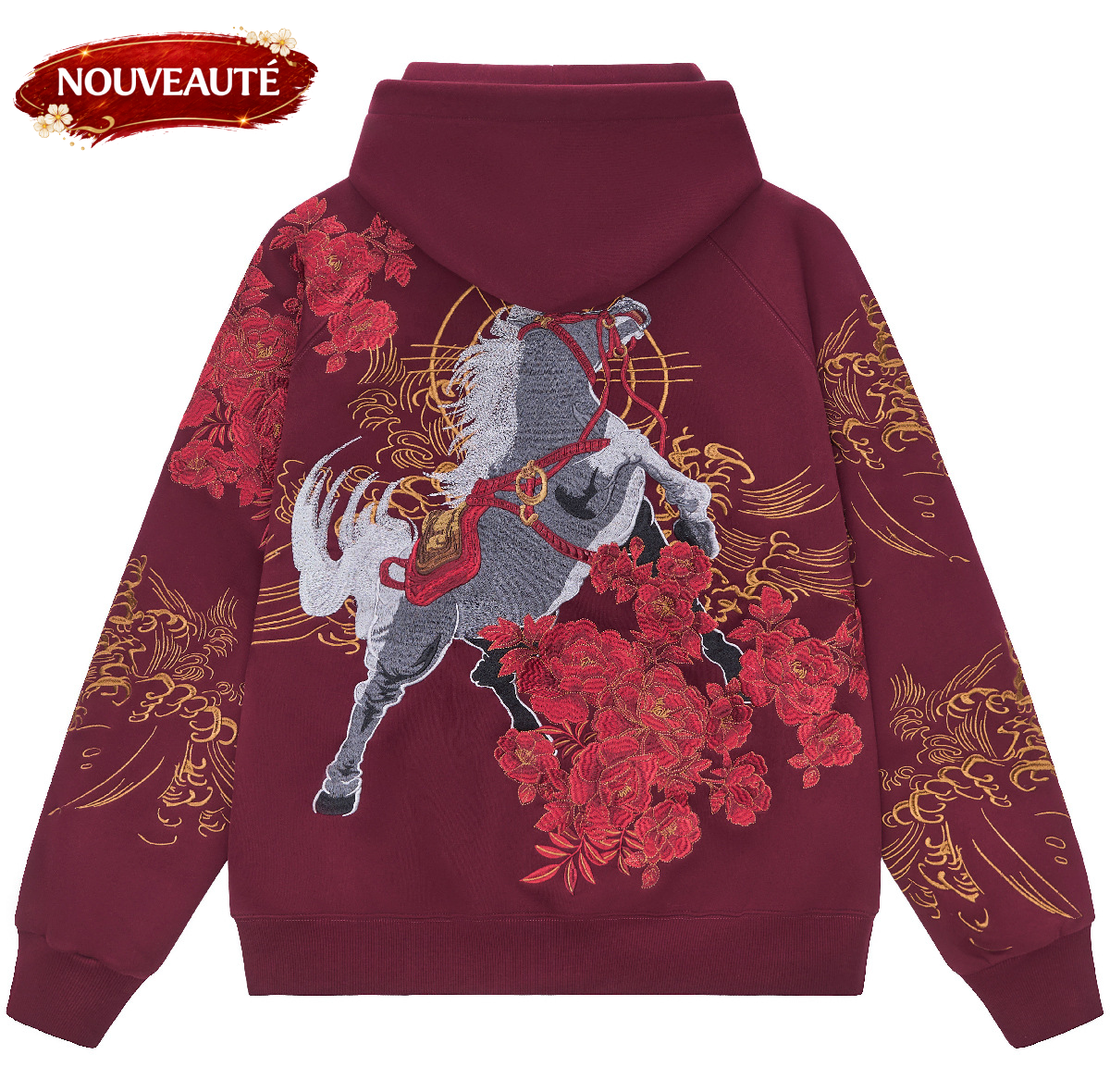 Hoodie ample cheval et fleurs brodés (unisexe)