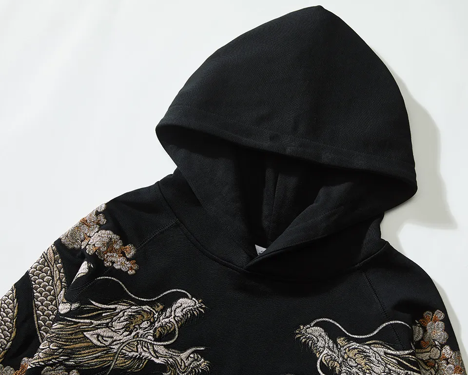 Hoodie ample dragon, double dragon et fleurs brodés (unisexe)
