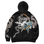 Felpa con cappuccio drago, doppio drago e fiori ricamati (unisex)