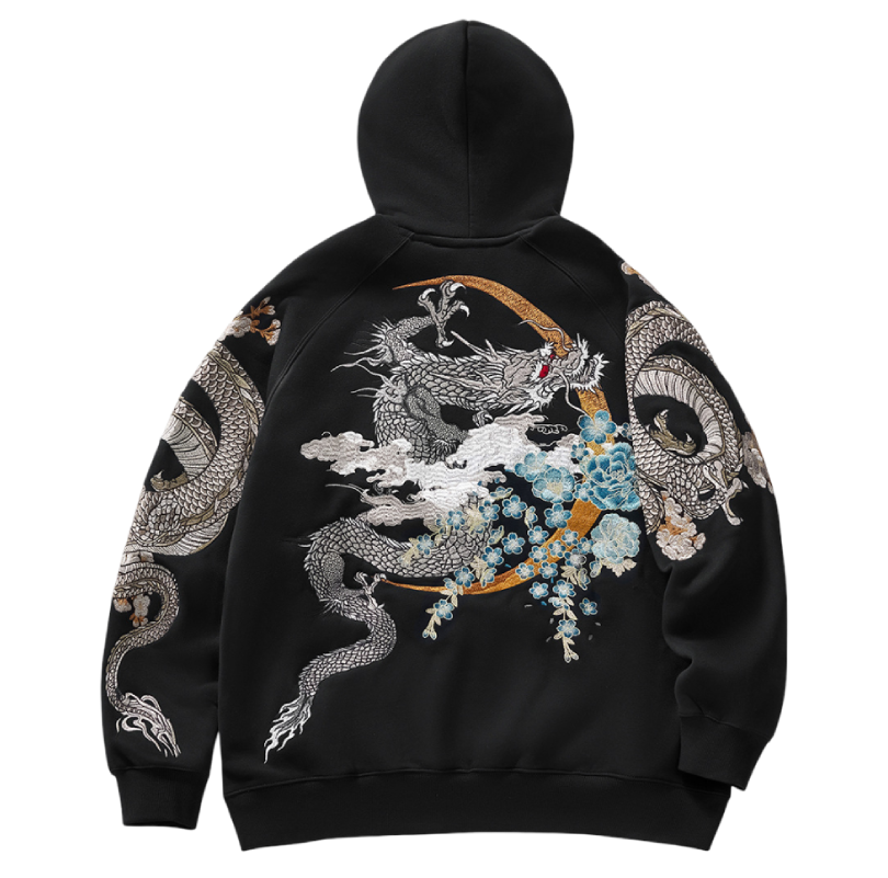 Hoodie dragon, double dragon et fleurs brodés (unisexe)
