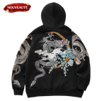 Hoodie ample dragon, double dragon et fleurs brodés (unisexe)