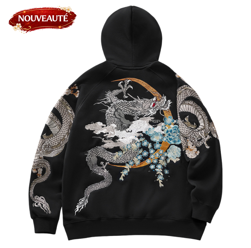 Hoodie ample dragon, double dragon et fleurs brodés (unisexe)