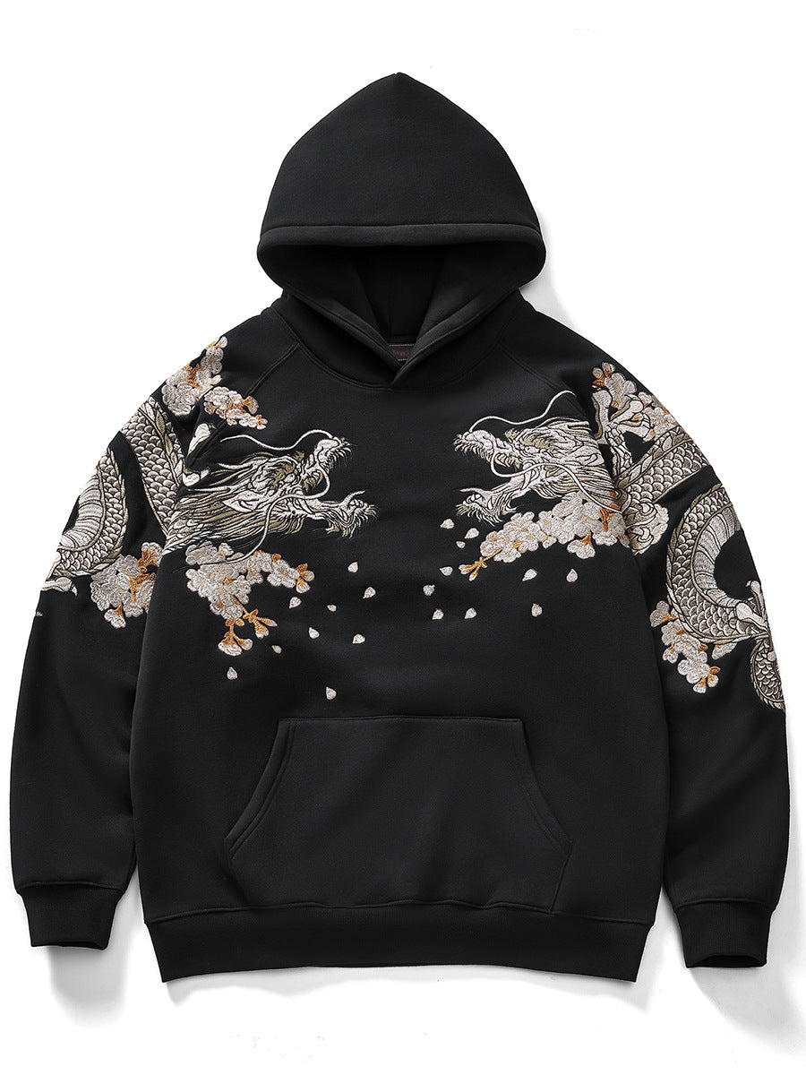 Hoodie ample dragon, double dragon et fleurs brodés (unisexe)