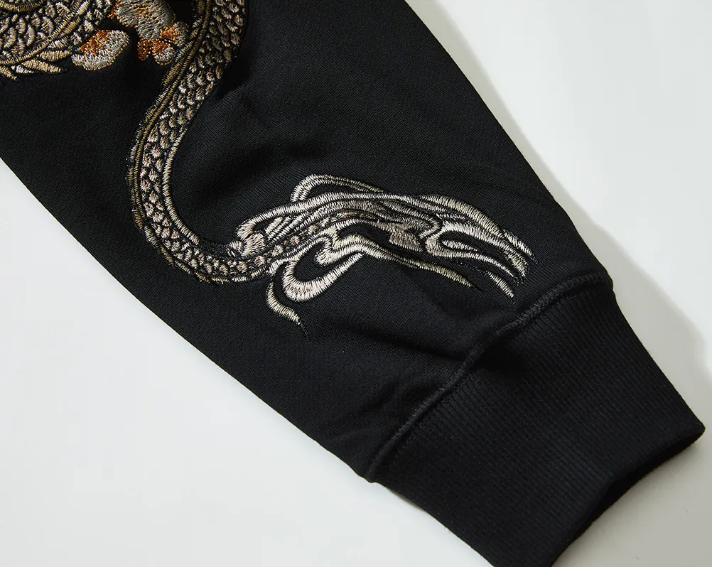 Hoodie ample dragon, double dragon et fleurs brodés (unisexe)