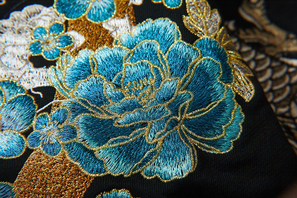 Hoodie ample dragon, double dragon et fleurs brodés (unisexe)