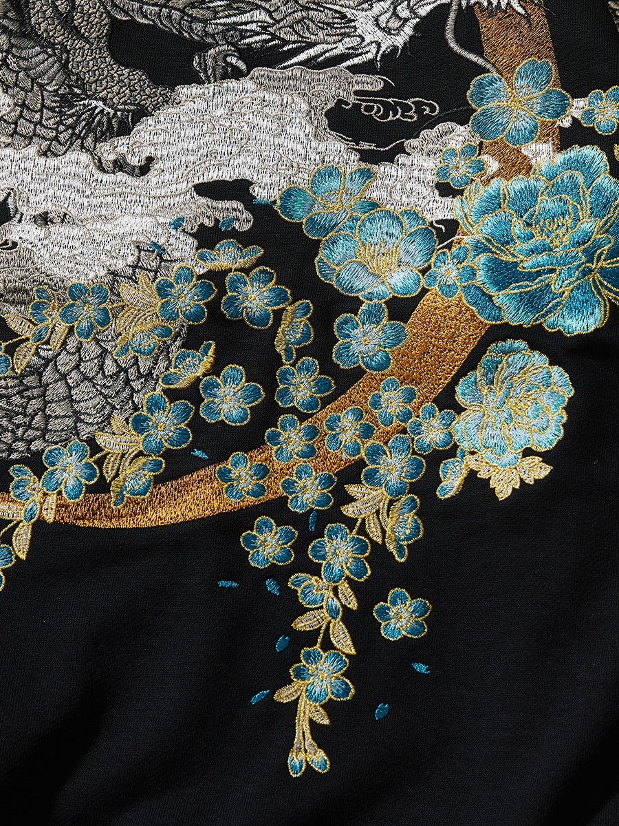 Hoodie ample dragon, double dragon et fleurs brodés (unisexe)