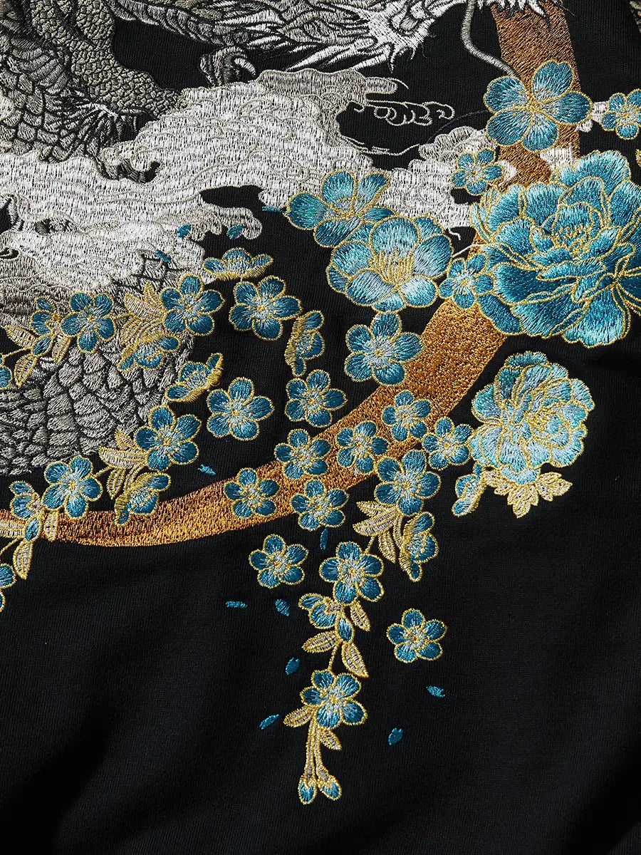 Hoodie dragon, double dragon et fleurs brodés (unisexe)