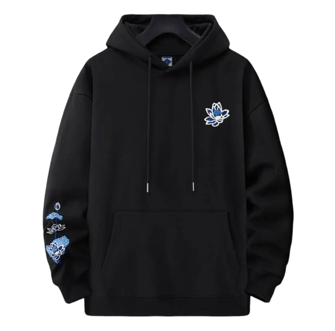 Loose-fitting hoodie with embroidered phoenix and lotus flowers (unisex) 
