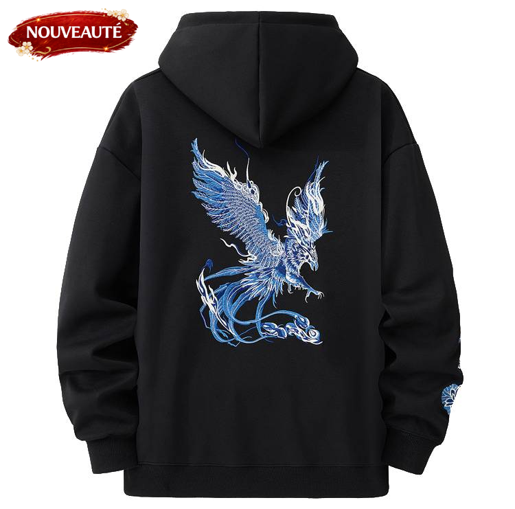 Hoodie ample phénix et fleurs de lotus brodés (unisexe)