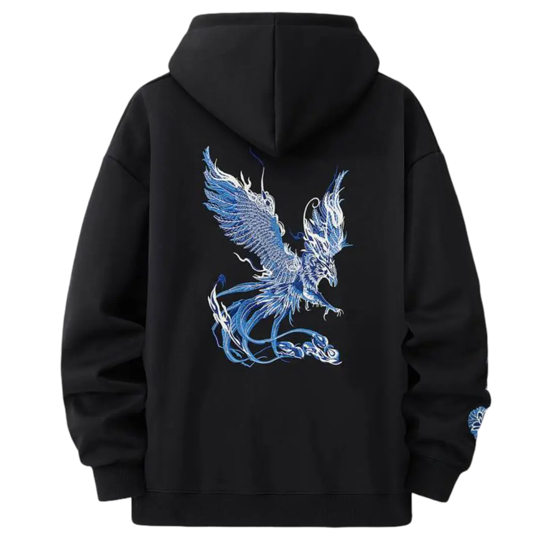 Loose-fitting hoodie with embroidered phoenix and lotus flowers (unisex) 