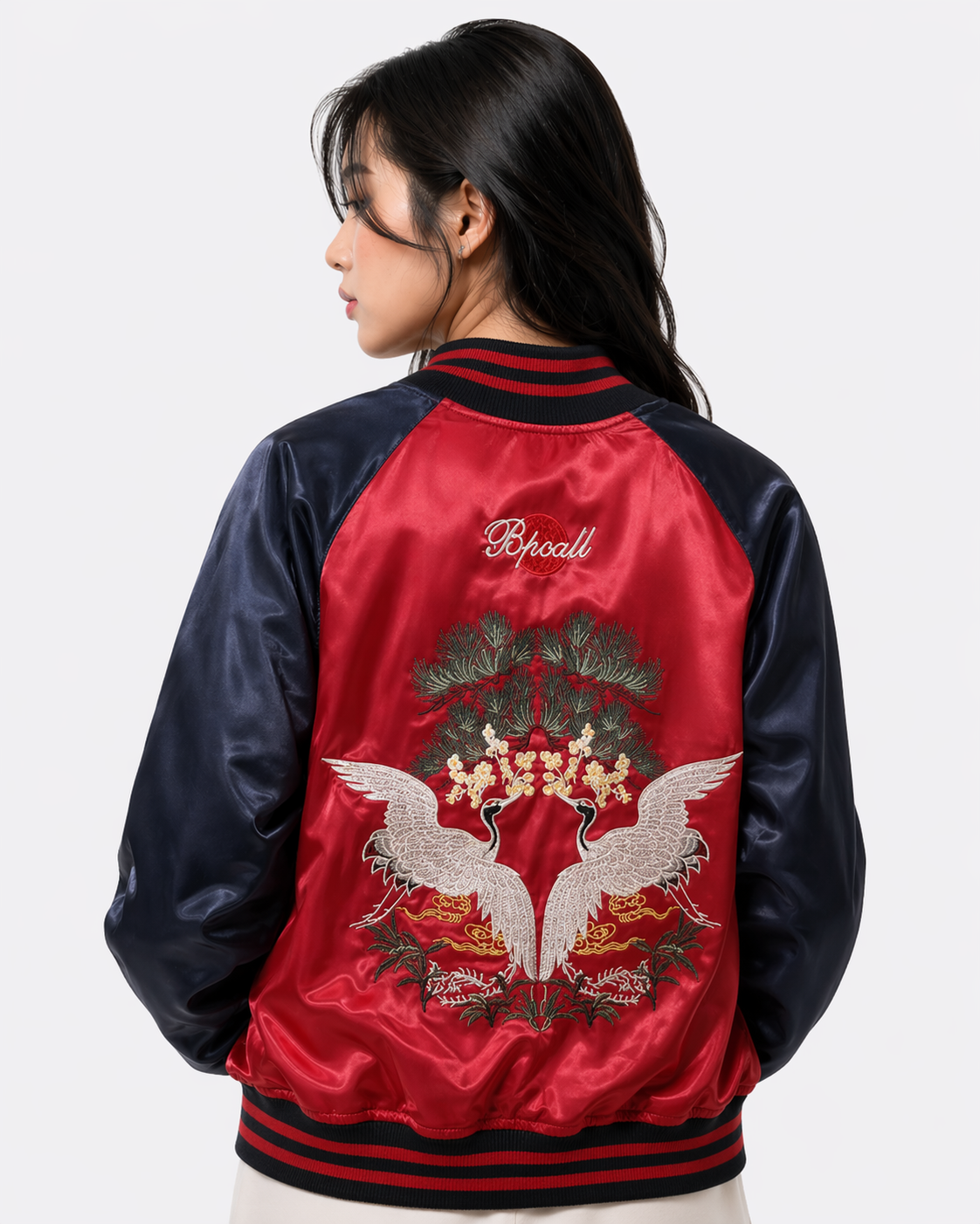 Veste Sukajan souvenir grues et abeilles brodées (Réversible) (unisexe)
