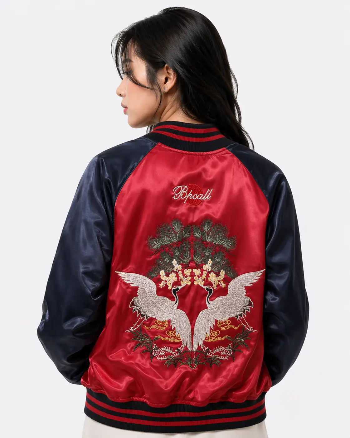 Giubbotto Sukajan souvenir grù e api ricamate (Reversibile) (unisex)