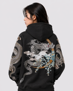 Felpa con cappuccio drago, doppio drago e fiori ricamati (unisex)