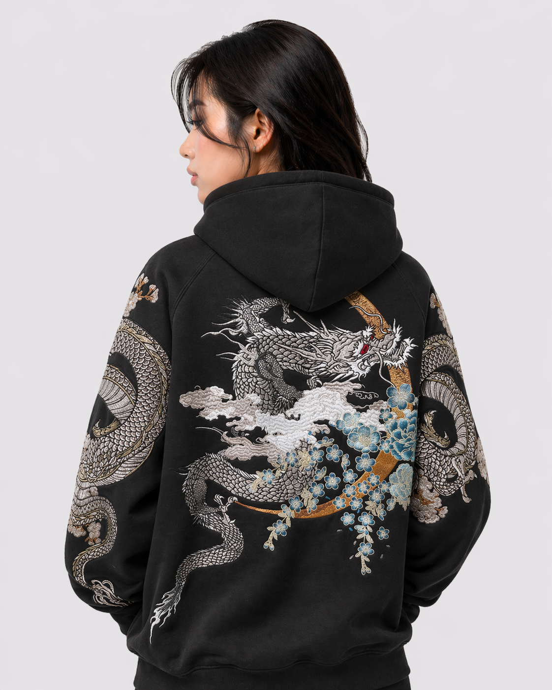 Hoodie dragon, double dragon et fleurs brodés (unisexe)