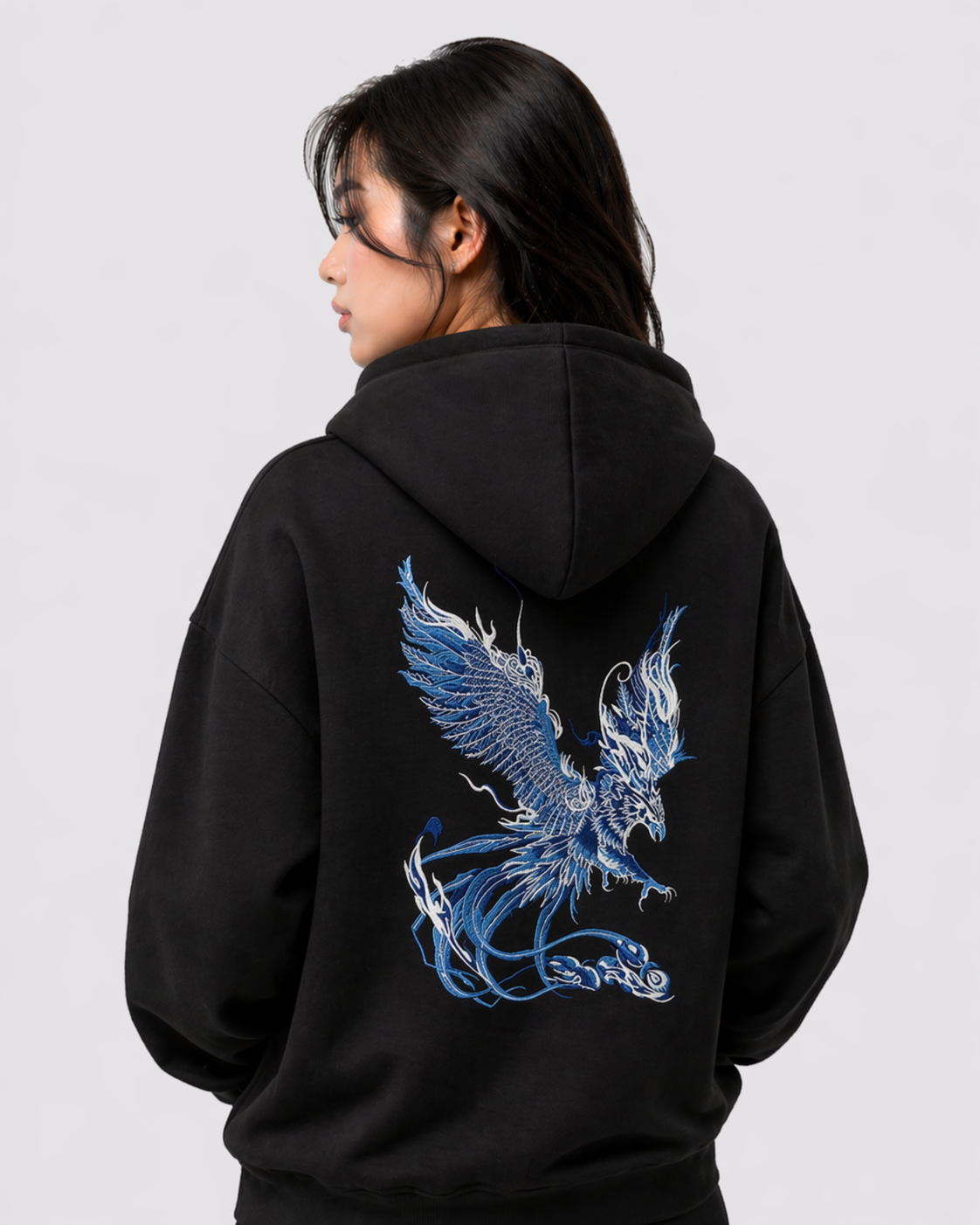 Hoodie phénix et fleurs de lotus brodés (unisexe)