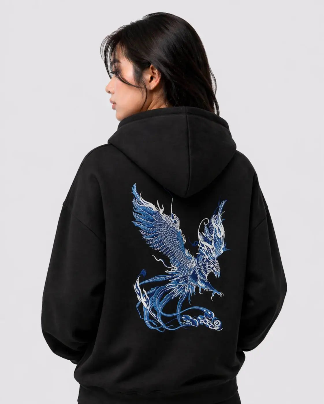 Loose-fitting hoodie with embroidered phoenix and lotus flowers (unisex) 
