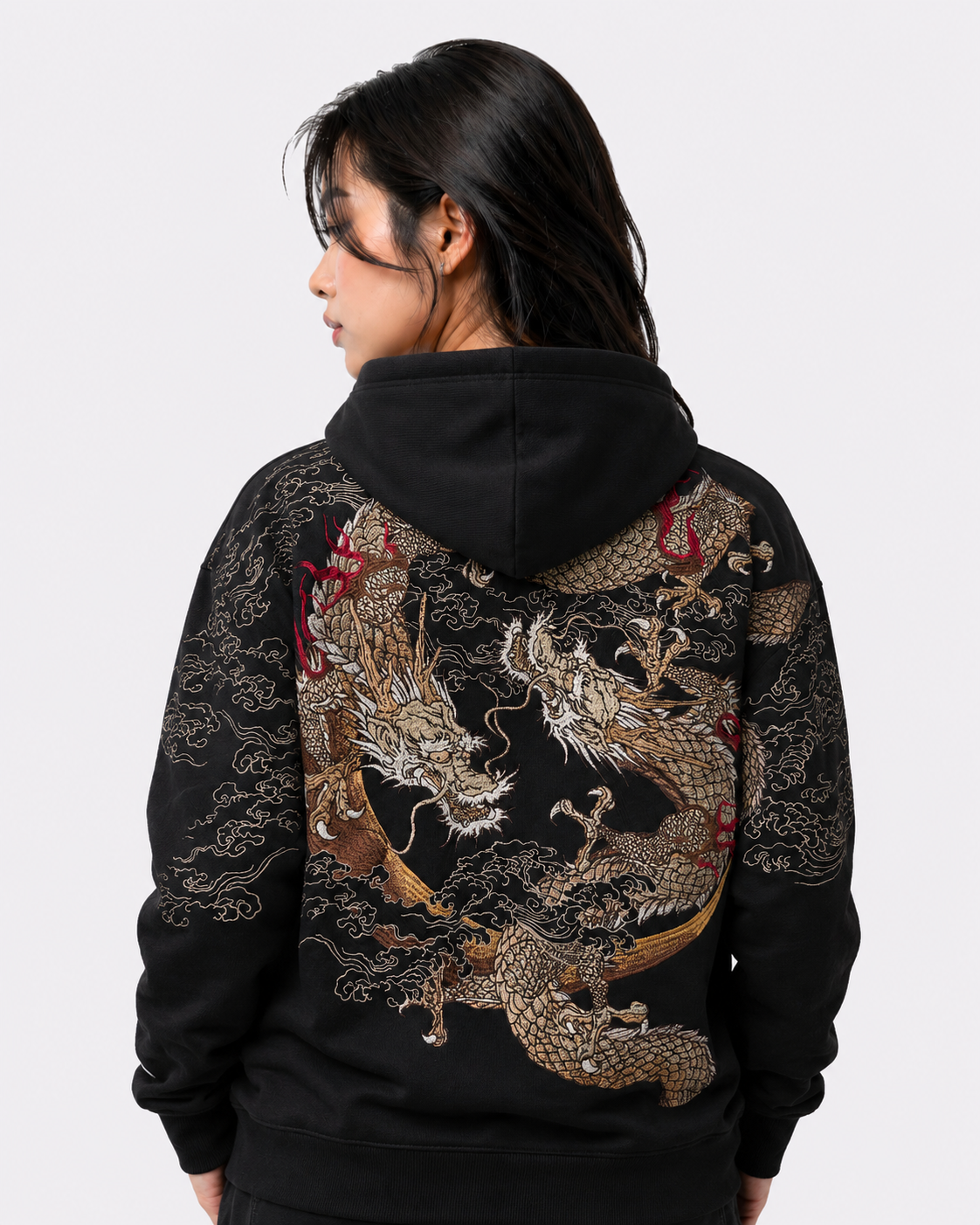 Sweat-shirt à capuche zippé avec deux dragons brodés (unisexe)