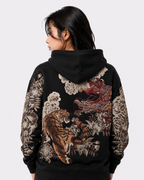 Sweat-shirt à capuche zippé tigre, dragons et fleurs brodés (unisexe)