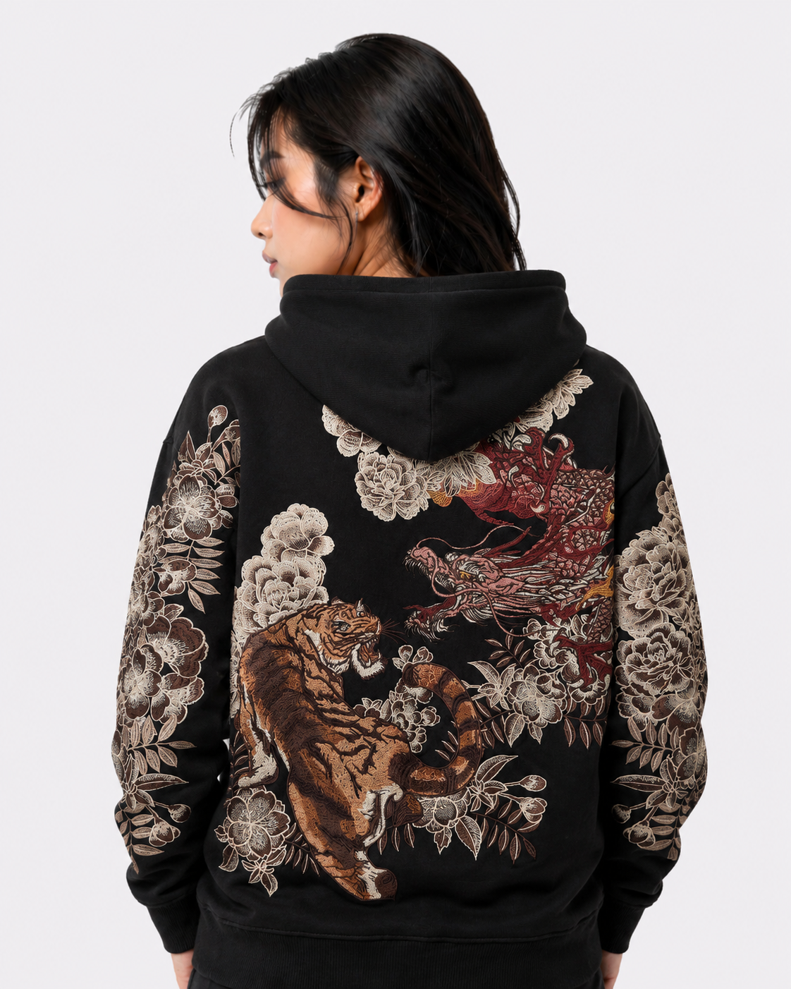 Sweat-shirt à capuche zippé tigre, dragons et fleurs brodés (unisexe)