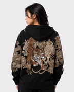 Sweat-shirt à capuche zippé tigre, double dragon et fleurs brodés (unisexe)