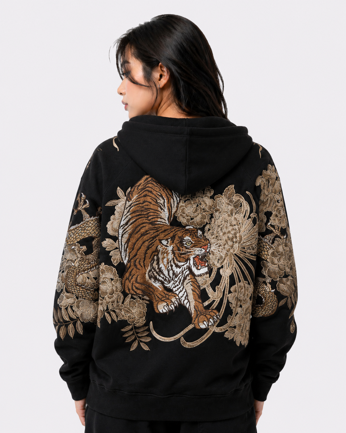 Sweat-shirt à capuche zippé tigre, double dragon et fleurs brodés (unisexe)