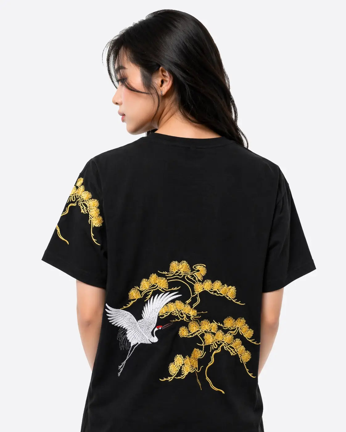 Tee-shirt grues et motif floral brodés (unisexe)
