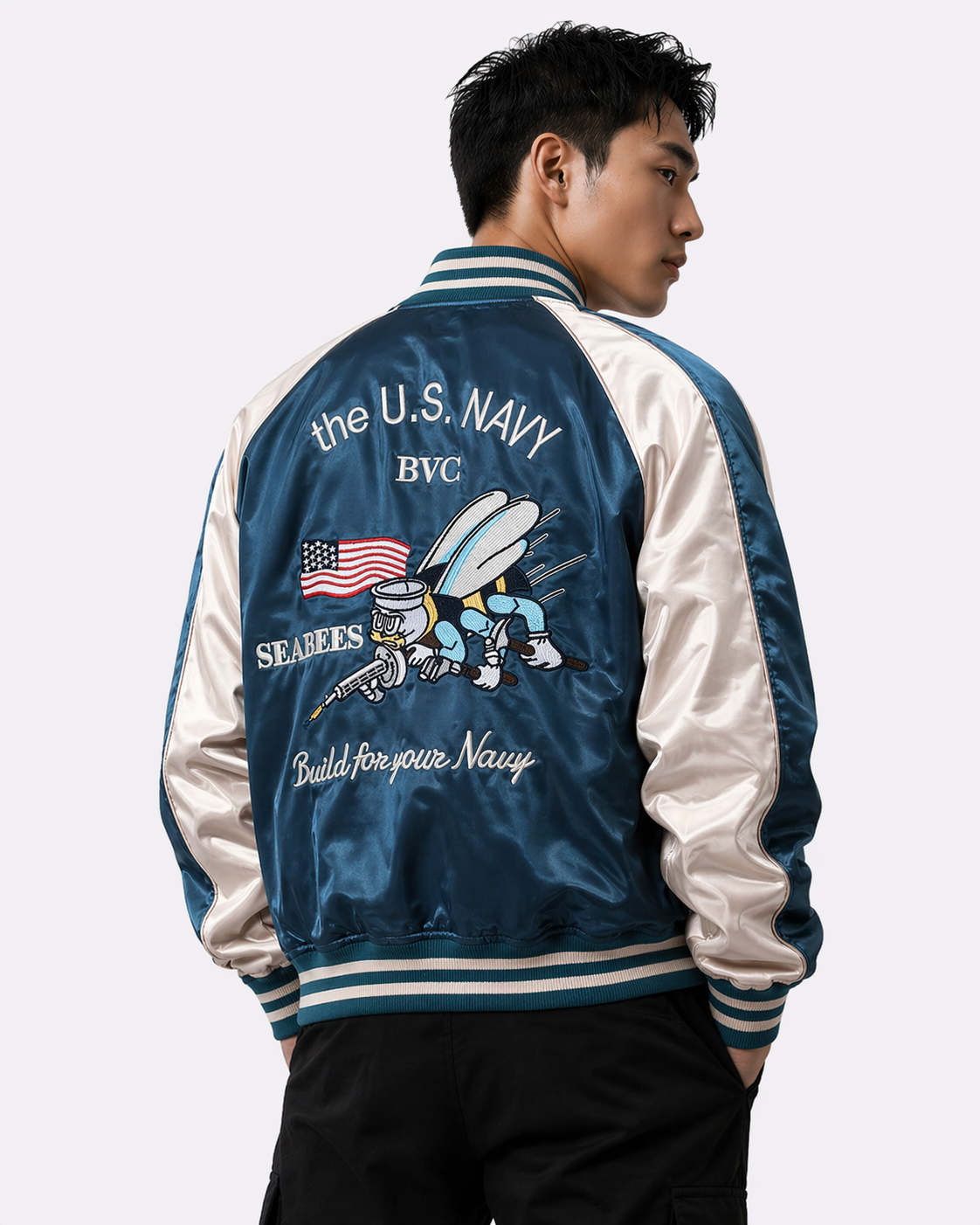 Veste Sukajan souvenir grues et abeilles brodées (Réversible) (unisexe)