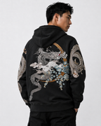 Felpa con cappuccio drago, doppio drago e fiori ricamati (unisex)