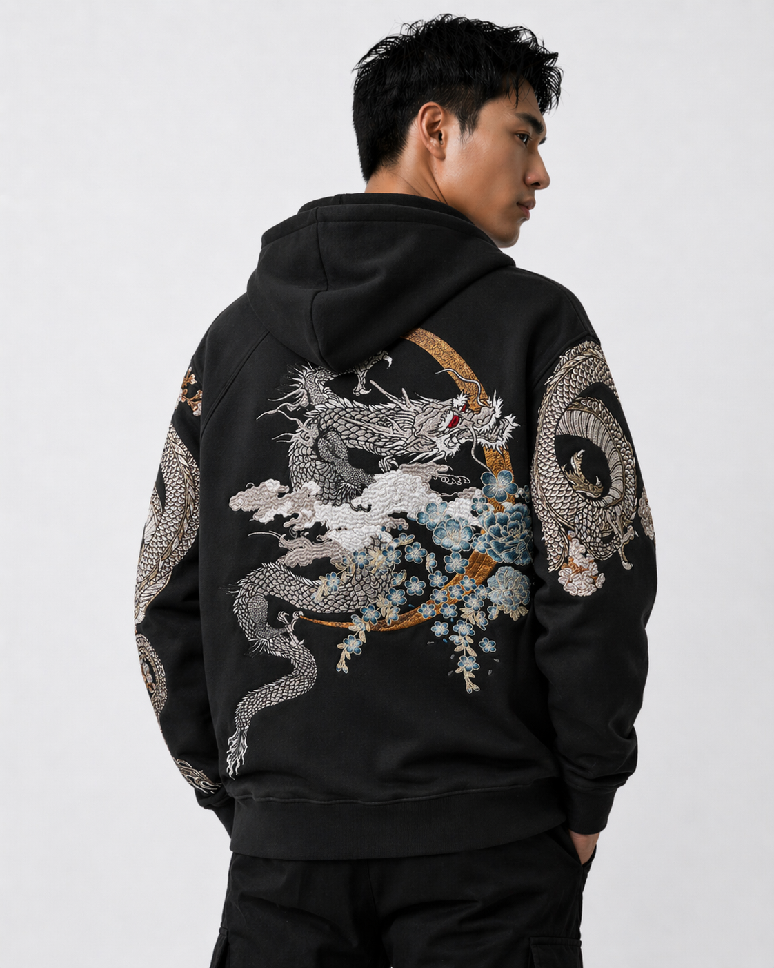 Hoodie dragon, double dragon et fleurs brodés (unisexe)