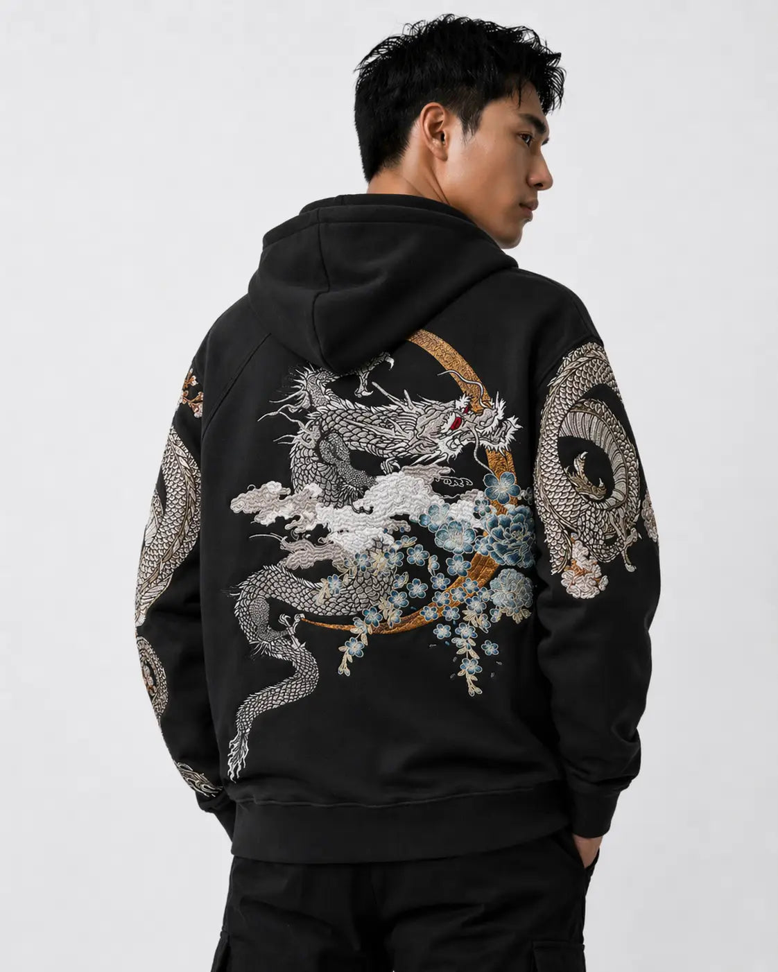 Hoodie dragon, double dragon et fleurs brodés (unisexe)