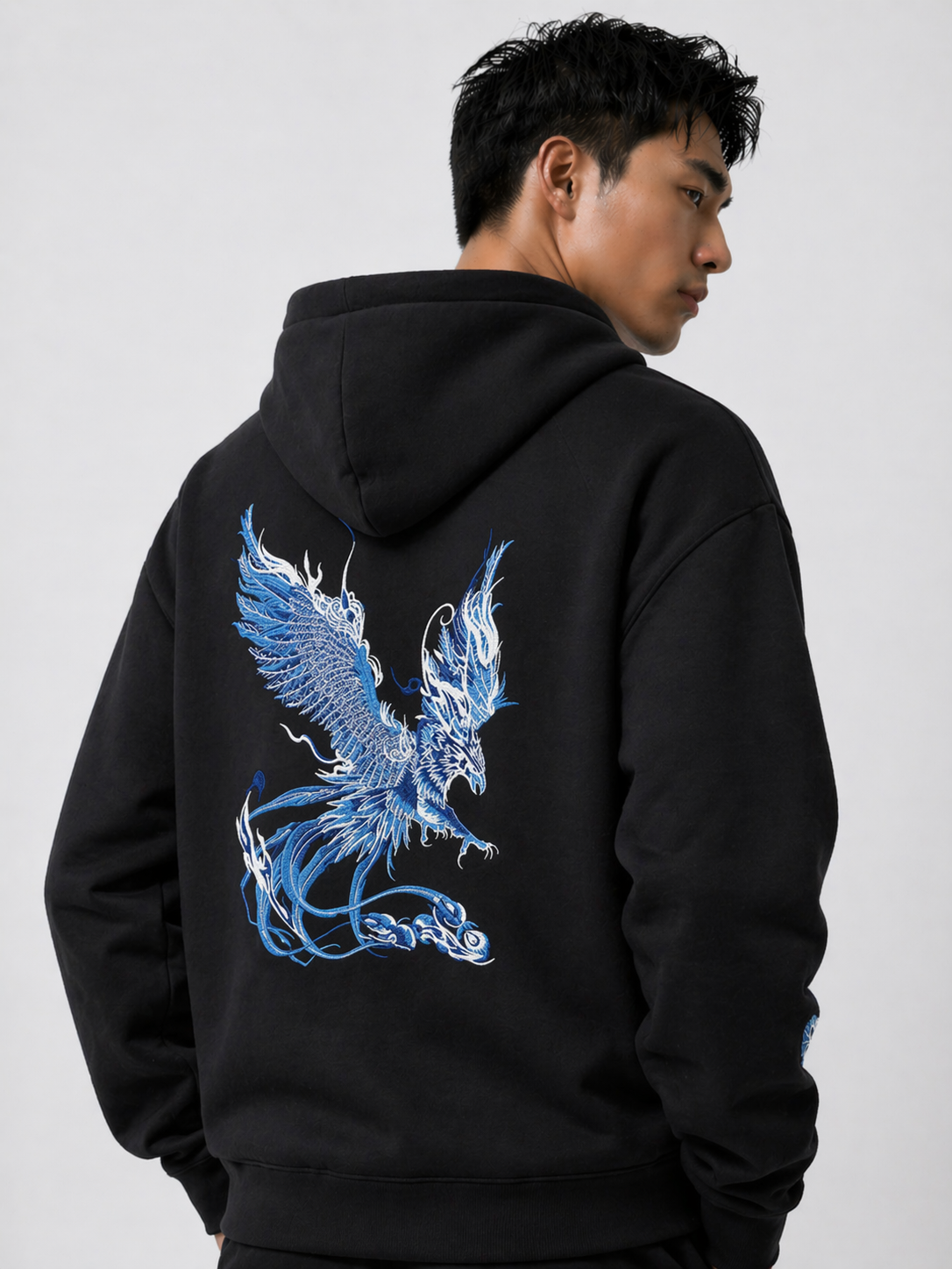 Hoodie phénix et fleurs de lotus brodés (unisexe)