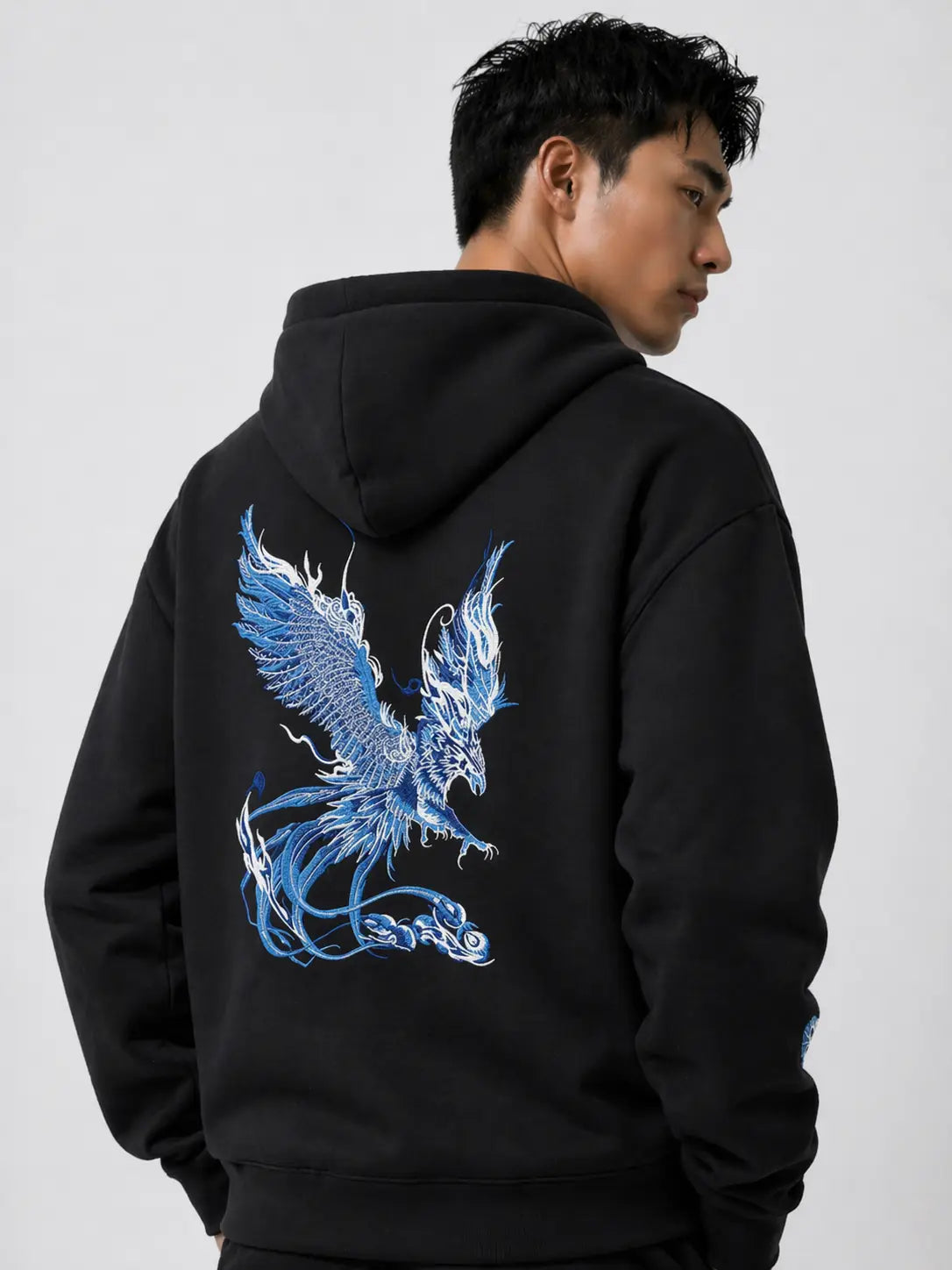 Loose-fitting hoodie with embroidered phoenix and lotus flowers (unisex) 