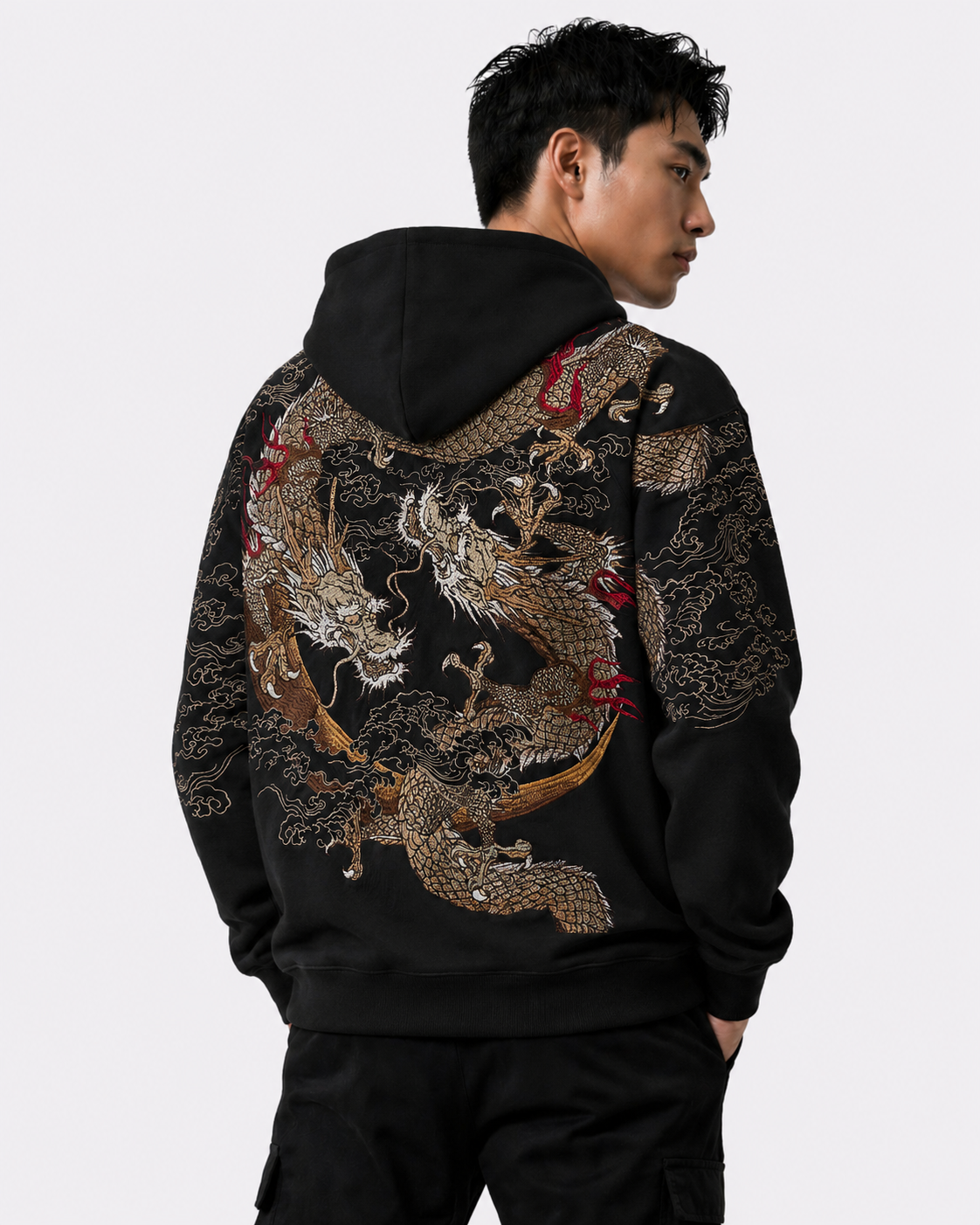 Sweat-shirt à capuche zippé avec deux dragons brodés (unisexe)