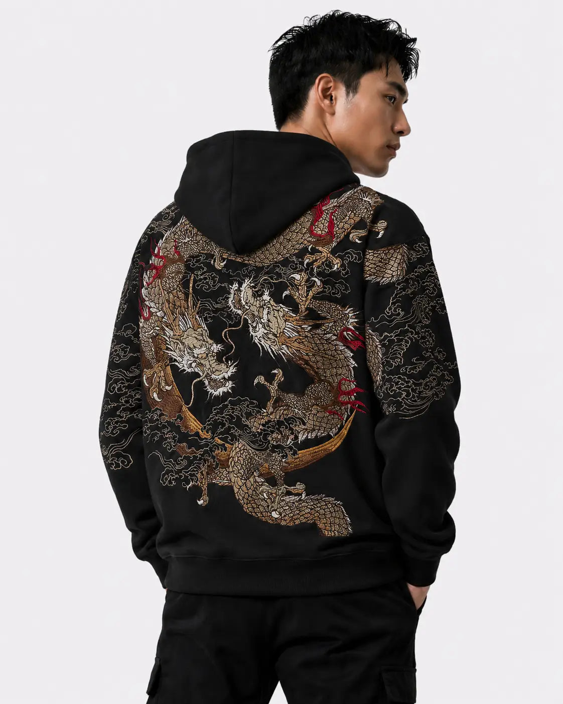 Sweat-shirt à capuche zippé avec deux dragons brodés (unisexe)