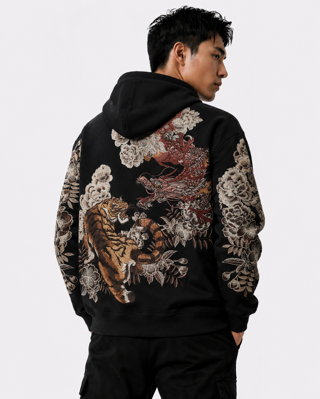 Sweat-shirt à capuche zippé tigre, dragons et fleurs brodés (unisexe)