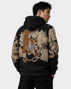 Sweat-shirt à capuche zippé tigre, double dragon et fleurs brodés (unisexe)