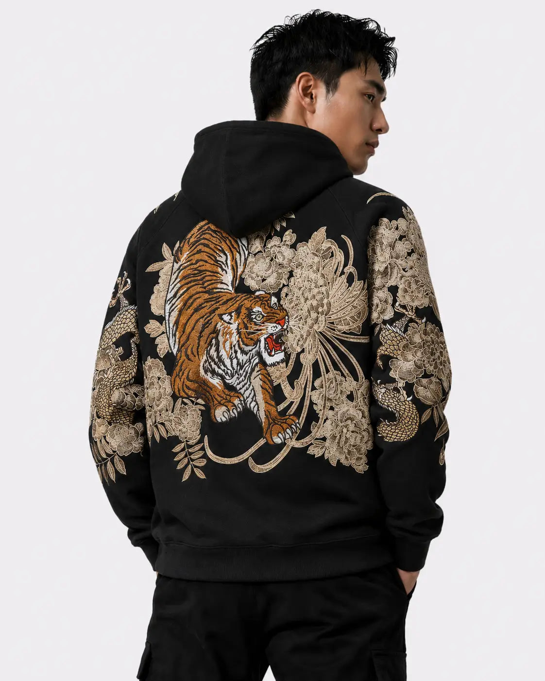 Sweat-shirt à capuche zippé tigre, double dragon et fleurs brodés (unisexe)