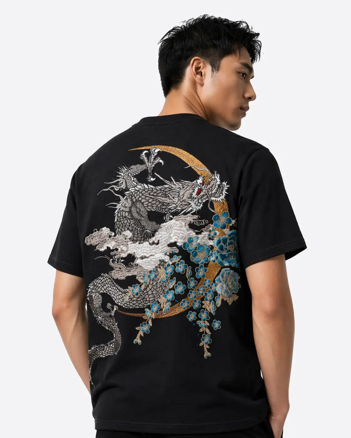 Tee-shirt dragon et fleurs brodès (unisexe)