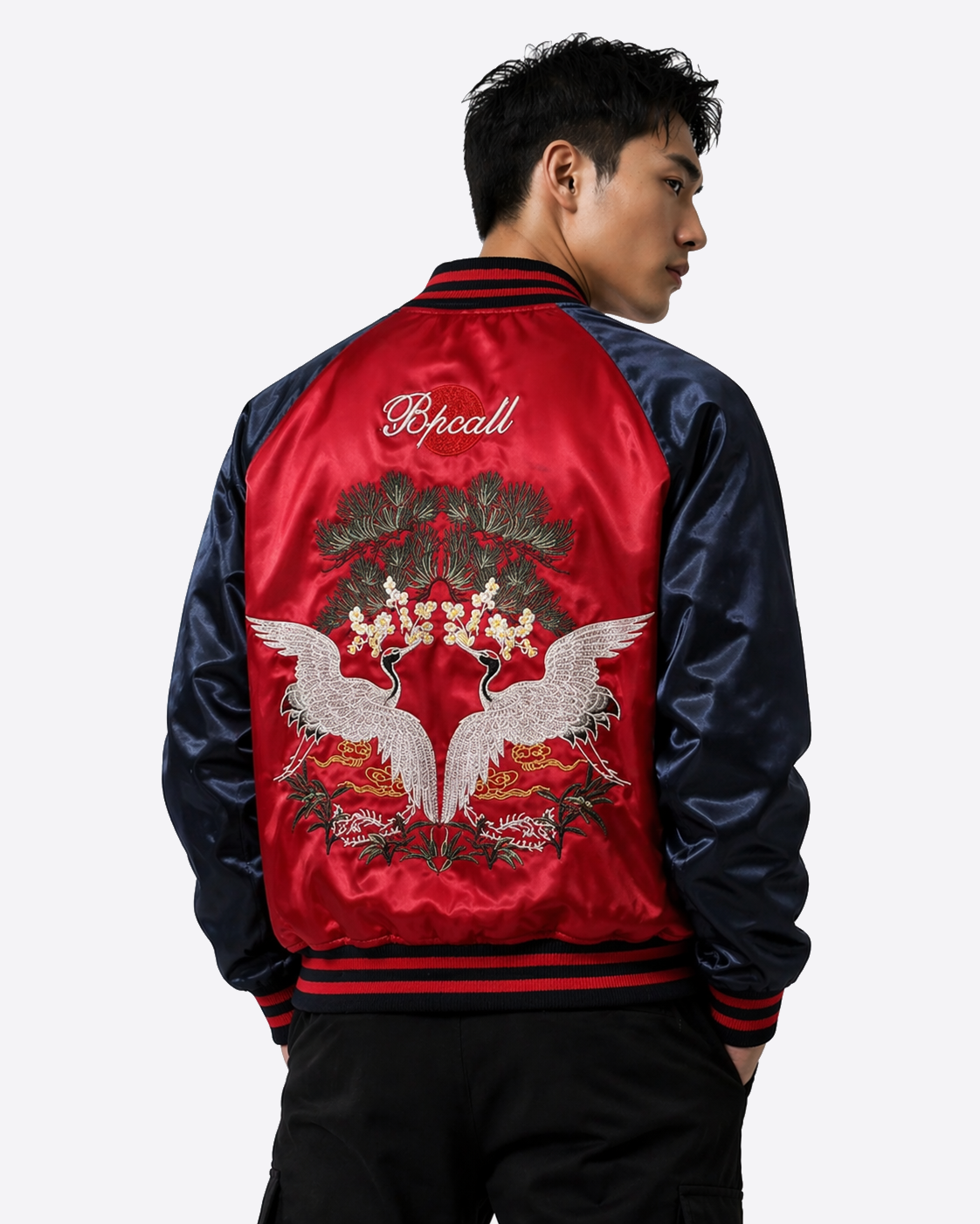 Veste Sukajan souvenir grues et abeilles brodées (Réversible) (unisexe)