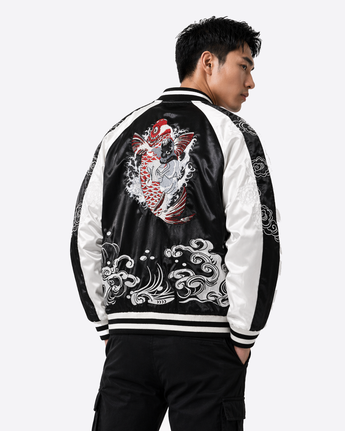 Veste Sukajan carpes koi, vagues et dragon brodés  (Réversible) (unisexe)