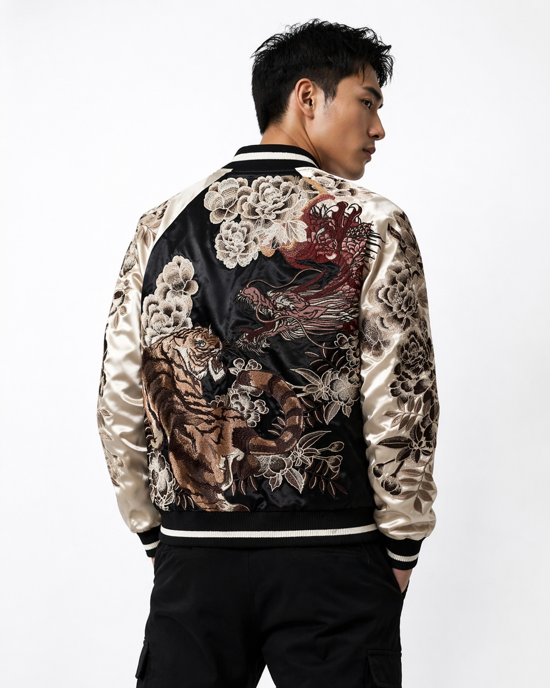 Veste tigre, dragon et fleurs brodés (unisexe)