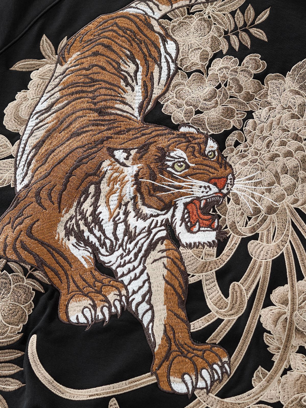 Sweat-shirt à capuche zippé tigre, double dragon et fleurs brodés (unisexe)