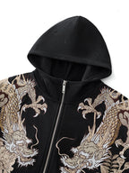 Sweat-shirt à capuche zippé tigre, double dragon et fleurs brodés (unisexe)