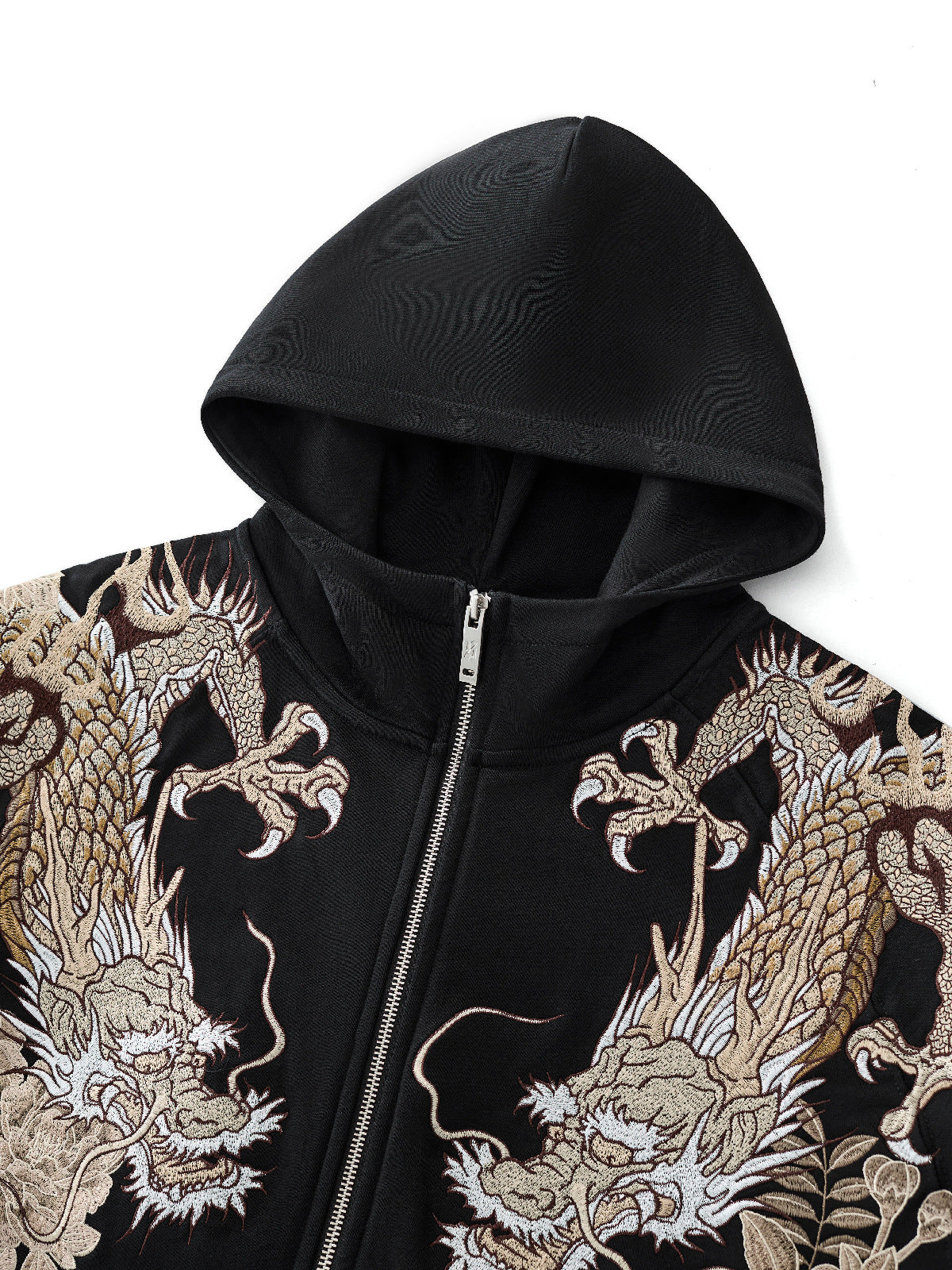 Sweat-shirt à capuche zippé tigre, double dragon et fleurs brodés (unisexe)