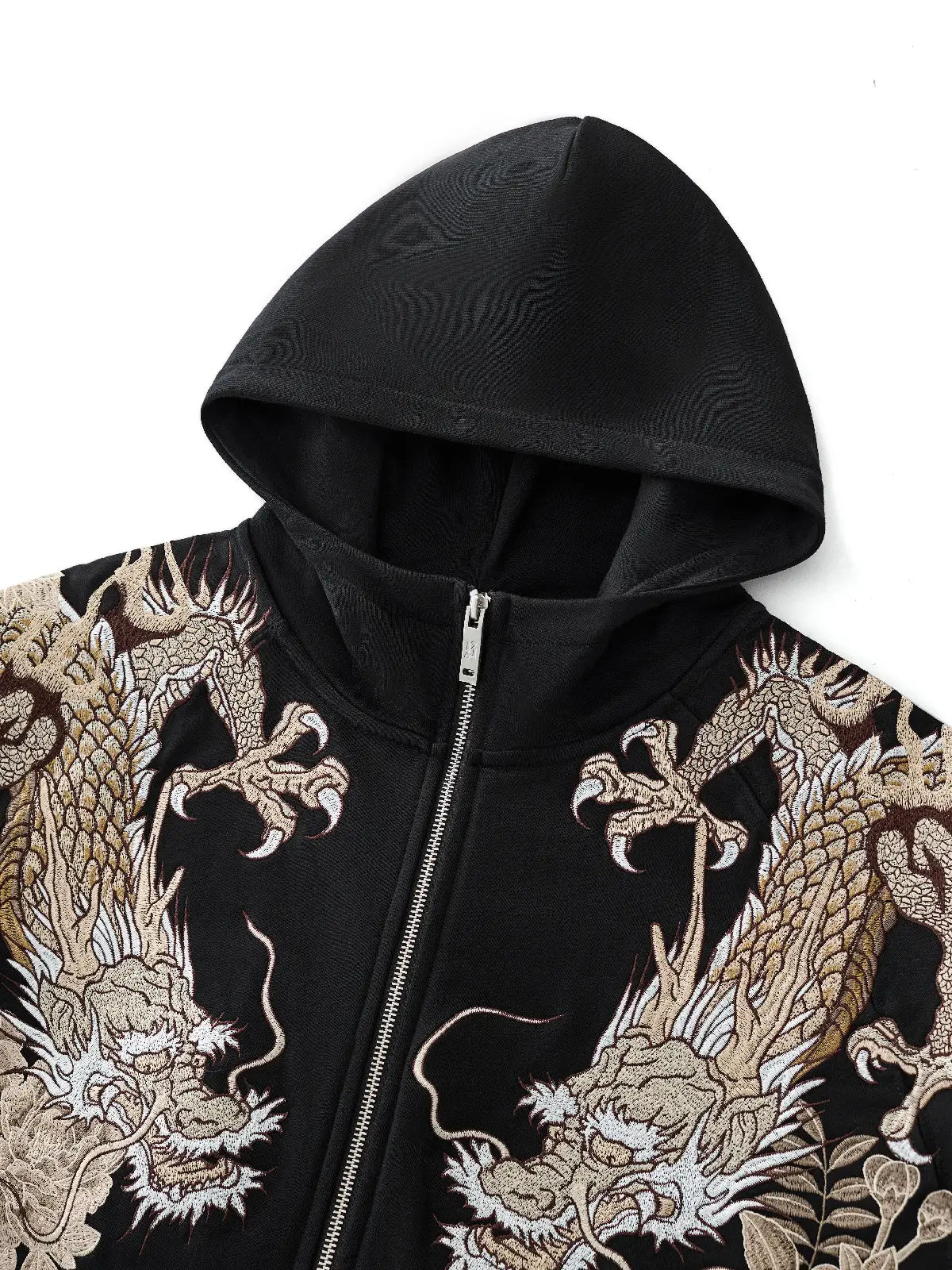 Sweat-shirt à capuche zippé tigre, double dragon et fleurs brodés (unisexe)