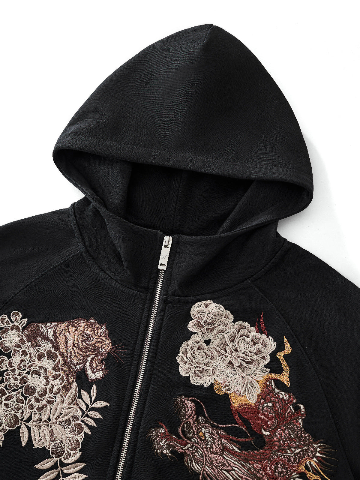 Sweat-shirt à capuche zippé tigre, dragons et fleurs brodés (unisexe)