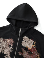 Sweat-shirt à capuche zippé tigre, dragons et fleurs brodés (unisexe)