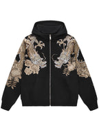 Sweat-shirt à capuche zippé tigre, double dragon et fleurs brodés (unisexe)