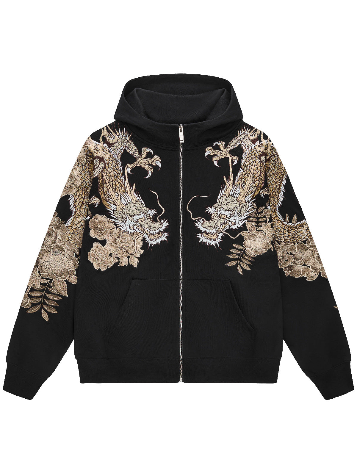 Sweat-shirt à capuche zippé tigre, double dragon et fleurs brodés (unisexe)