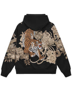Sweat-shirt à capuche zippé tigre, double dragon et fleurs brodés (unisexe)